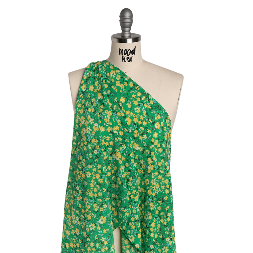 Puckered Polyester Crepe - Kelly Green and Yellow Floral - Designer Deadstock