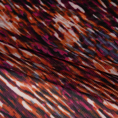 Stretch Polyester Mesh Print - Deep Magenta, Orange and White Striations - Designer Deadstock