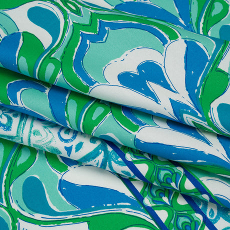 Stretch Cotton Sateen Panel - Blue and Green Floral Ogees and Paisley Stripes - Designer Deadstock