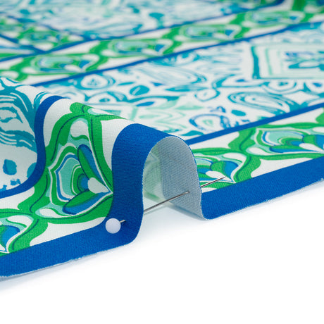 Stretch Cotton Sateen Panel - Blue and Green Floral Ogees and Paisley Stripes - Designer Deadstock