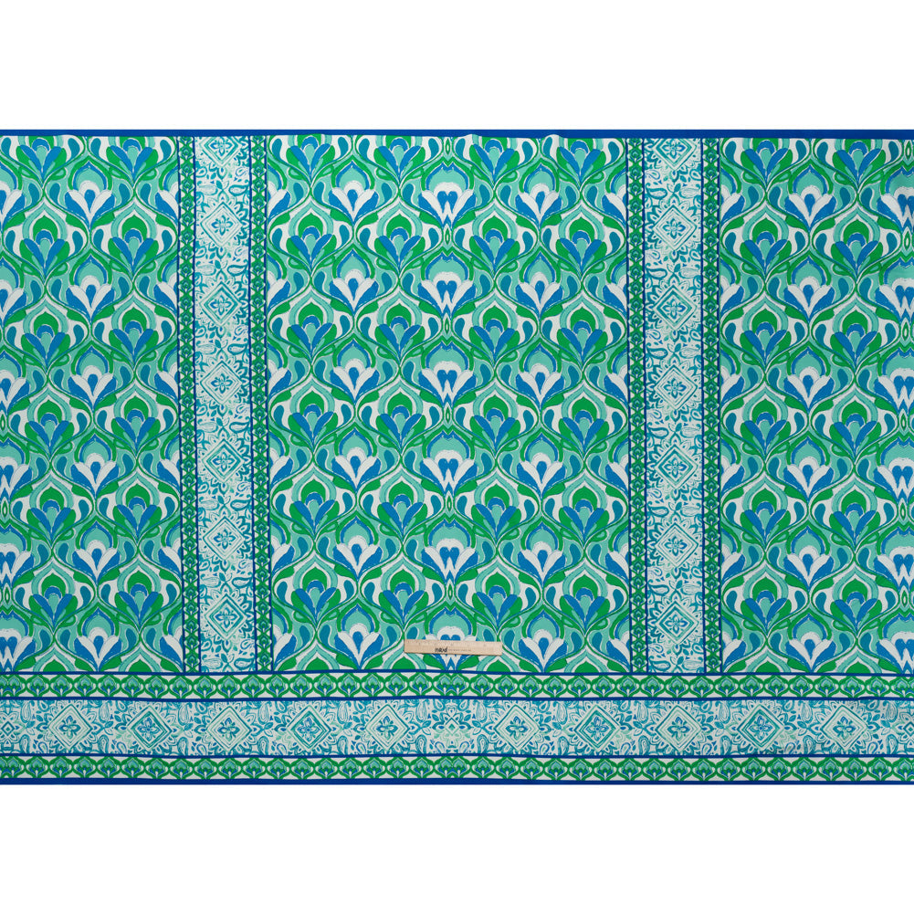 Stretch Cotton Sateen Panel - Blue and Green Floral Ogees and Paisley Stripes - Designer Deadstock