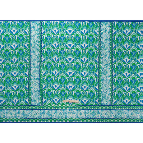 Stretch Cotton Sateen Panel - Blue and Green Floral Ogees and Paisley Stripes - Designer Deadstock