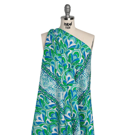 Stretch Cotton Sateen Panel - Blue and Green Floral Ogees and Paisley Stripes - Designer Deadstock