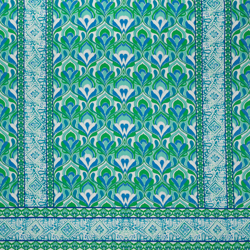 Stretch Cotton Sateen Panel - Blue and Green Floral Ogees and Paisley Stripes - Designer Deadstock