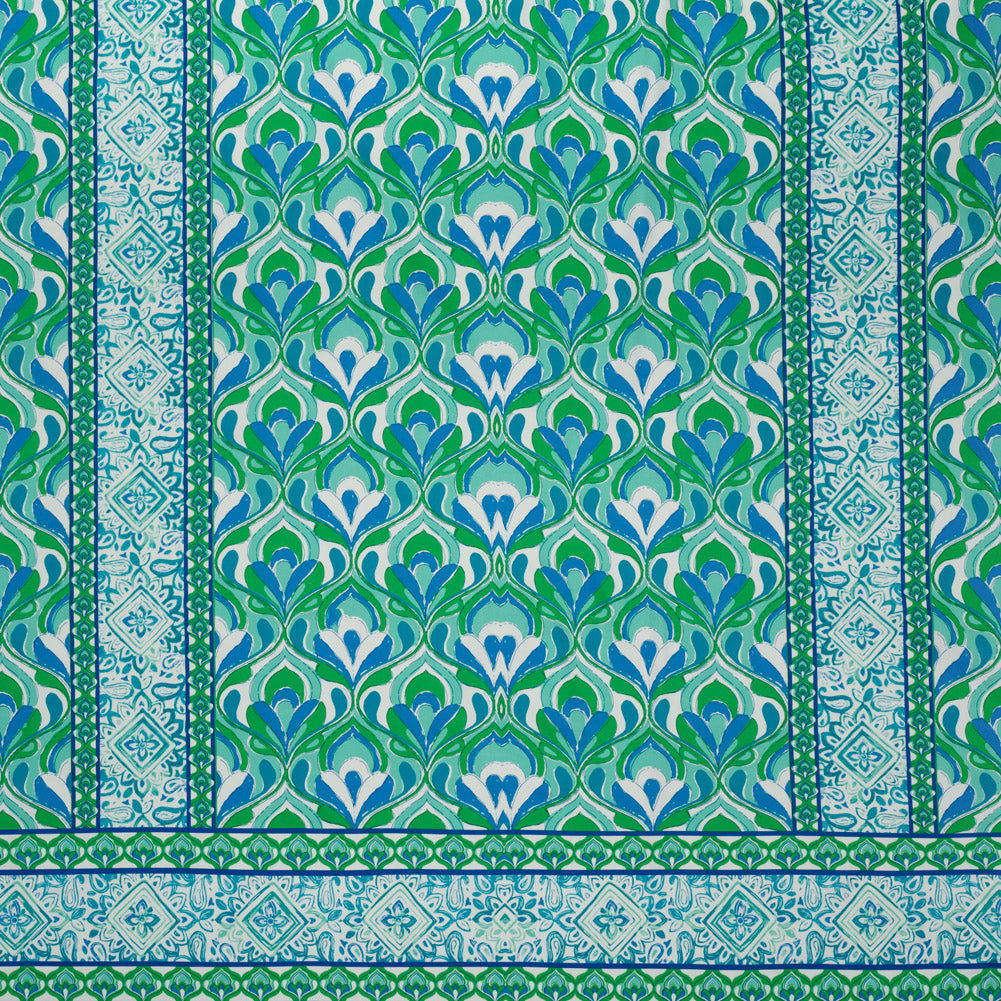 Stretch Cotton Sateen Panel - Blue and Green Floral Ogees and Paisley Stripes - Designer Deadstock