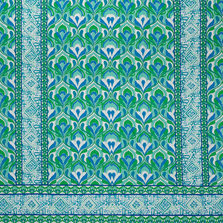 Stretch Cotton Sateen Panel - Blue and Green Floral Ogees and Paisley Stripes - Designer Deadstock