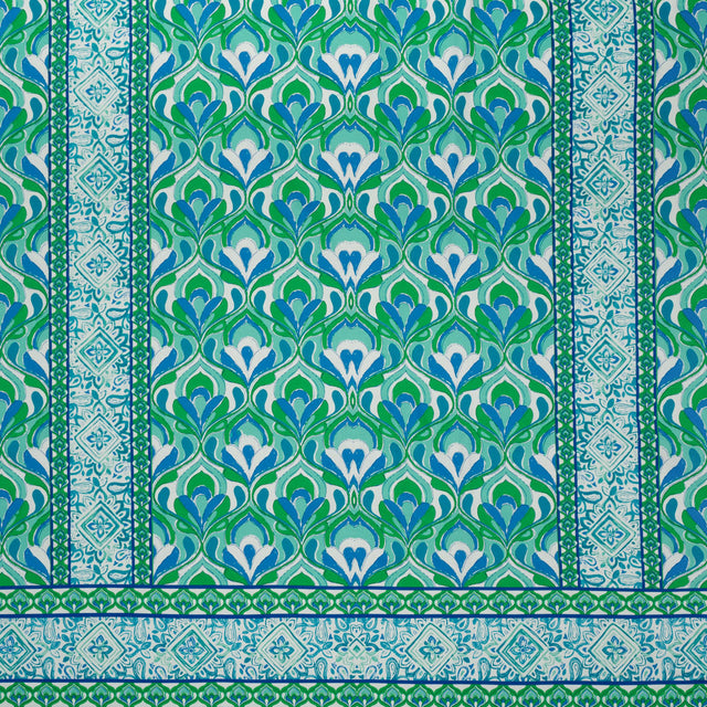 Stretch Cotton Sateen Panel - Blue and Green Floral Ogees and Paisley Stripes - Designer Deadstock