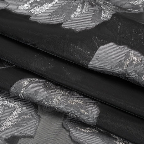 Metallic Burnout Brocade - Black, Gray and Silver Floral - Designer Deadstock