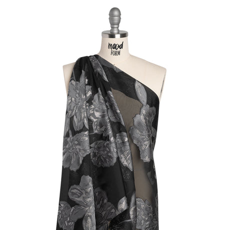 Metallic Burnout Brocade - Black, Gray and Silver Floral - Designer Deadstock