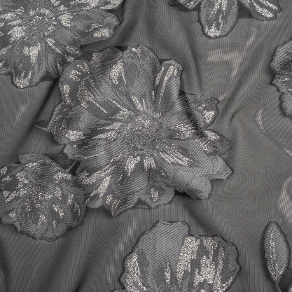 Metallic Burnout Brocade - Black, Gray and Silver Floral - Designer Deadstock