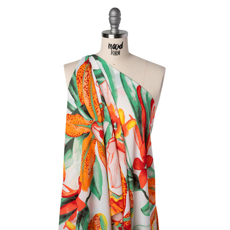 Lightweight Polyester Crepe Print - Bright Orange, Yellow and Green Brilliant Flowers and Orchids - Designer Deadstock