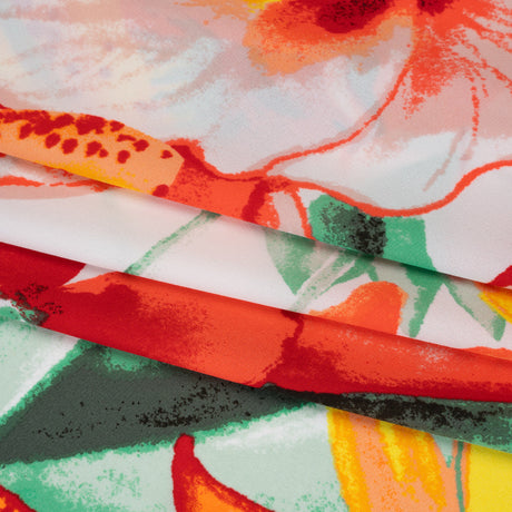 Lightweight Polyester Crepe Print - Bright Orange, Yellow and Green Brilliant Flowers and Orchids - Designer Deadstock