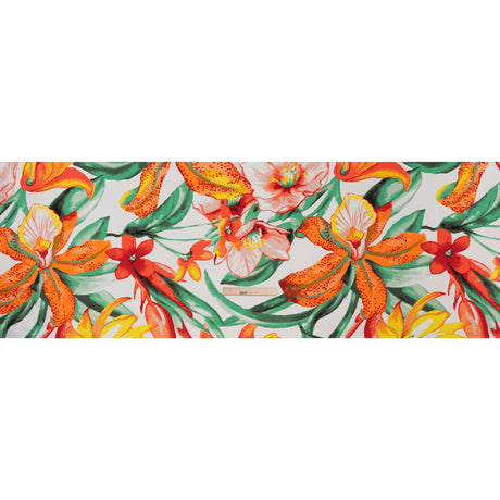 Lightweight Polyester Crepe Print - Bright Orange, Yellow and Green Brilliant Flowers and Orchids - Designer Deadstock
