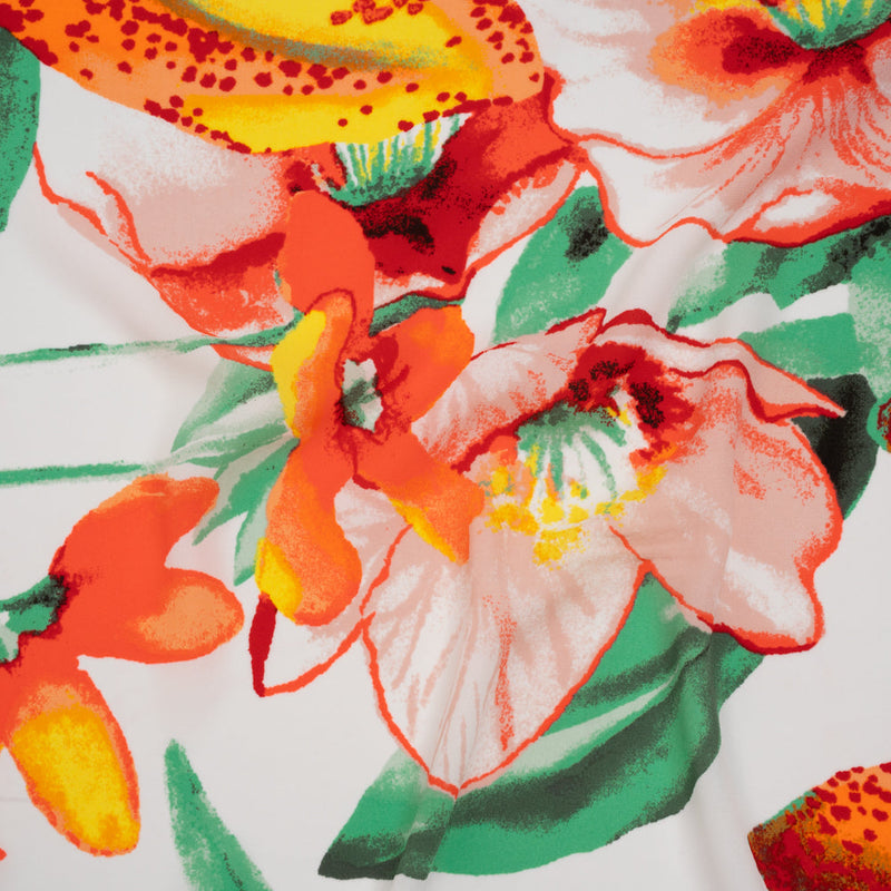 Lightweight Polyester Crepe Print - Bright Orange, Yellow and Green Brilliant Flowers and Orchids - Designer Deadstock
