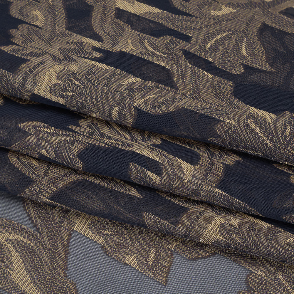 Polyester Burnout Brocade - Navy Blue and Gold Classical Floral Vines - Designer Deadstock
