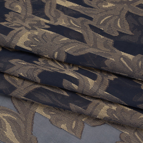 Polyester Burnout Brocade - Navy Blue and Gold Classical Floral Vines - Designer Deadstock