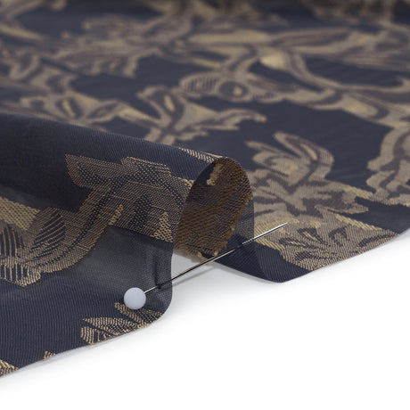 Polyester Burnout Brocade - Navy Blue and Gold Classical Floral Vines - Designer Deadstock