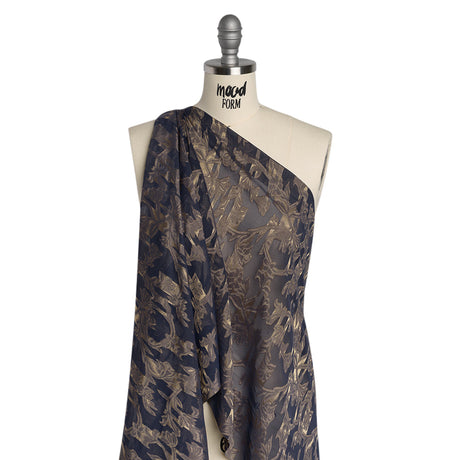 Polyester Burnout Brocade - Navy Blue and Gold Classical Floral Vines - Designer Deadstock