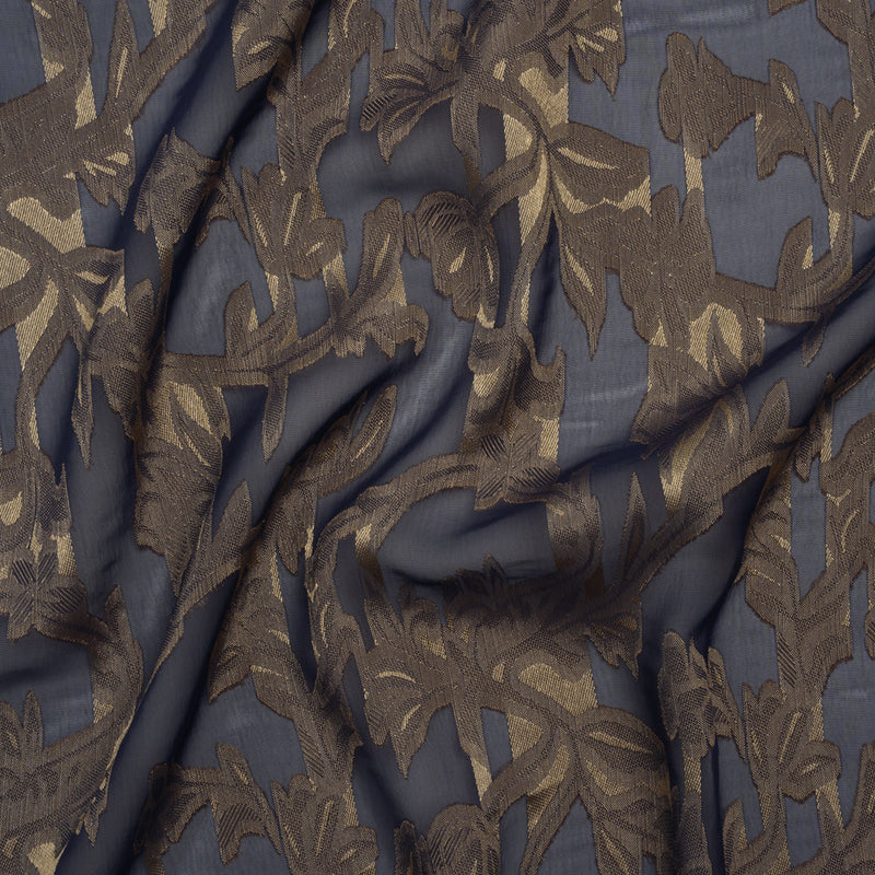 Polyester Burnout Brocade - Navy Blue and Gold Classical Floral Vines - Designer Deadstock