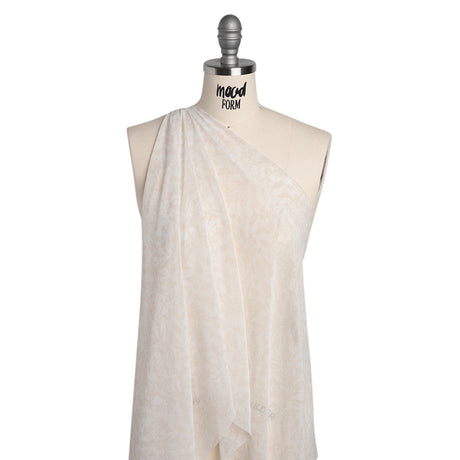 Polyester Chiffon Print - Light Beige and White Delicate Floral Silhouettes - Designer Deadstock