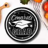 25 Count Black Congrats Grad Solid Color Paper Dessert Plates Disposable Graduation Supplies 7 1/4"