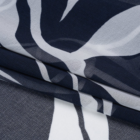Polyester Chiffon Print - Navy Blue and White Flowing Leaves - Designer Deadstock