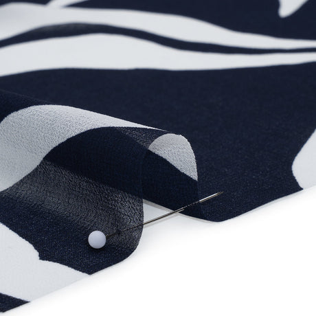 Polyester Chiffon Print - Navy Blue and White Flowing Leaves - Designer Deadstock