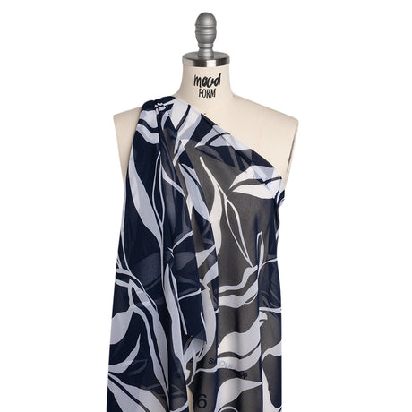 Polyester Chiffon Print - Navy Blue and White Flowing Leaves - Designer Deadstock