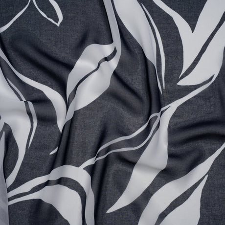 Polyester Chiffon Print - Navy Blue and White Flowing Leaves - Designer Deadstock