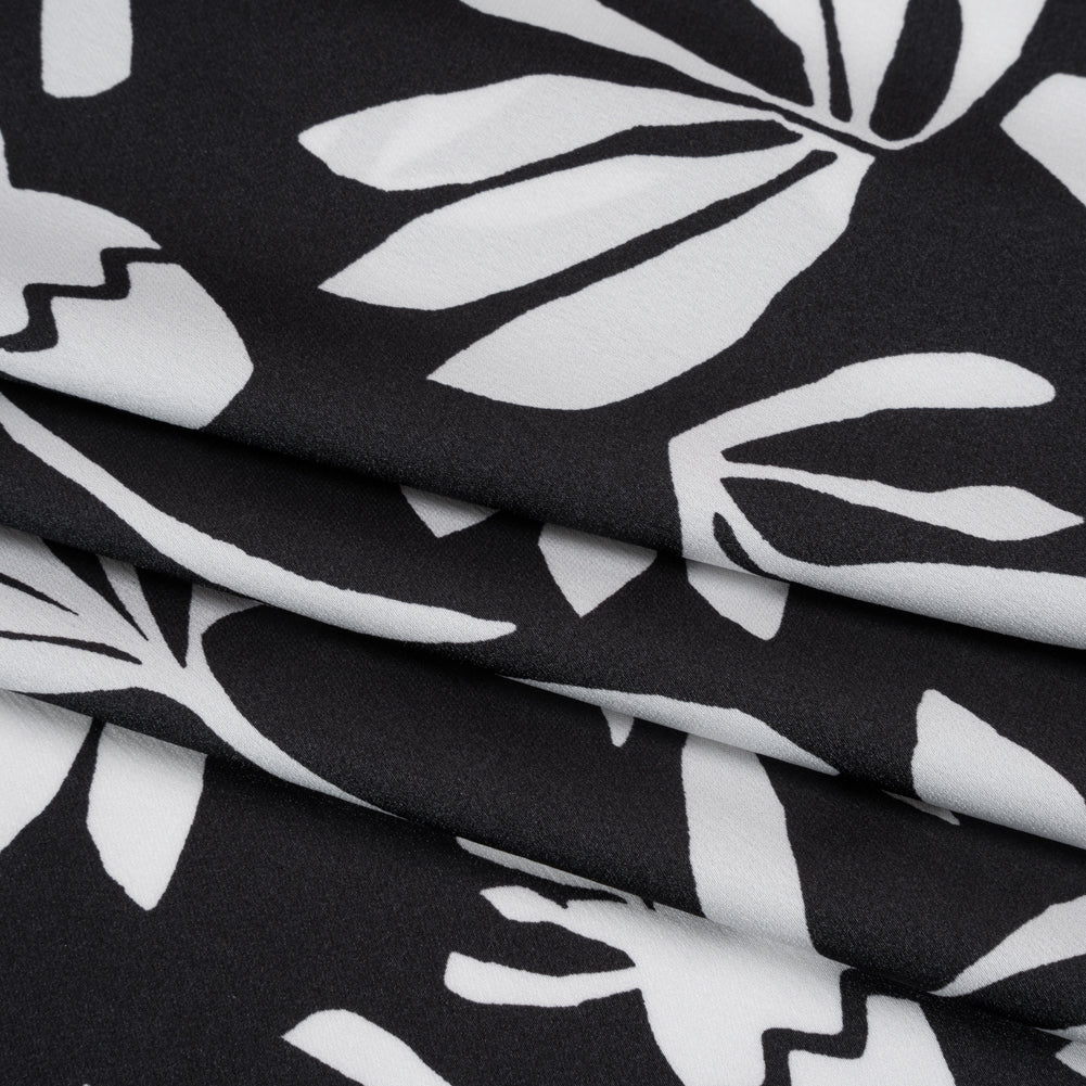Polyester Satin Print - Black and White Carved Florals - Designer Deadstock