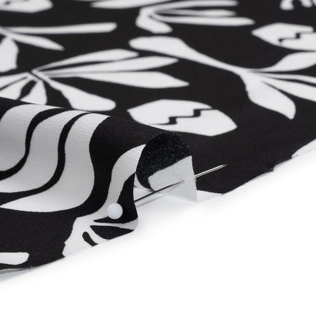 Polyester Satin Print - Black and White Carved Florals - Designer Deadstock
