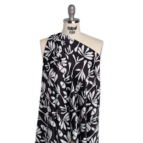Polyester Satin Print - Black and White Carved Florals - Designer Deadstock