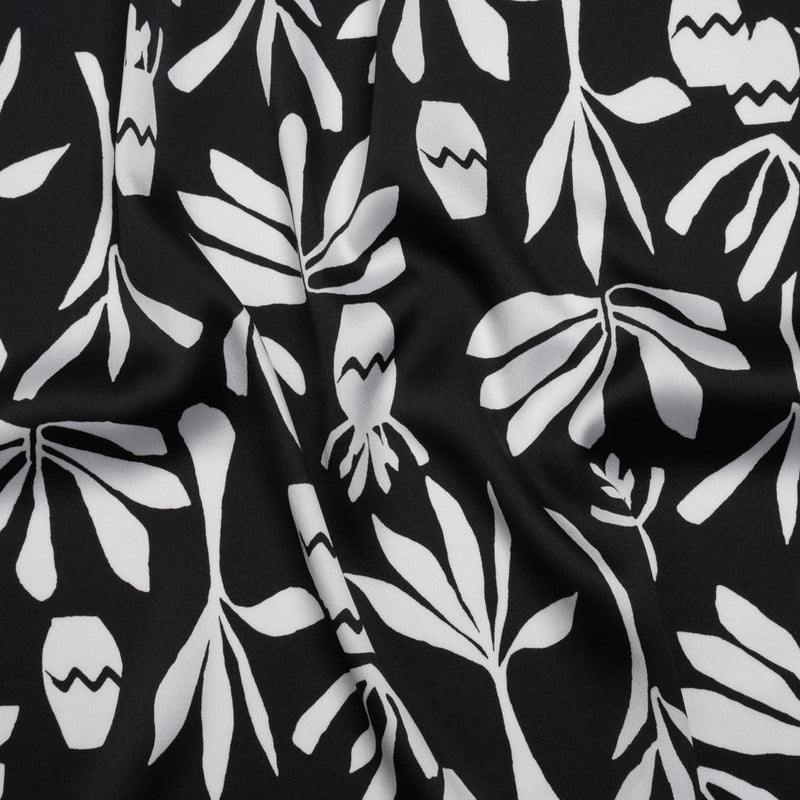 Polyester Satin Print - Black and White Carved Florals - Designer Deadstock