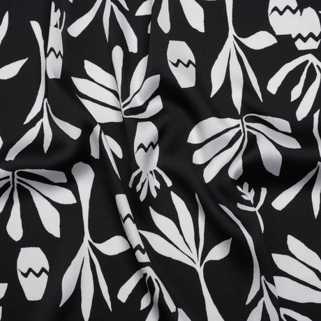 Polyester Satin Print - Black and White Carved Florals - Designer Deadstock