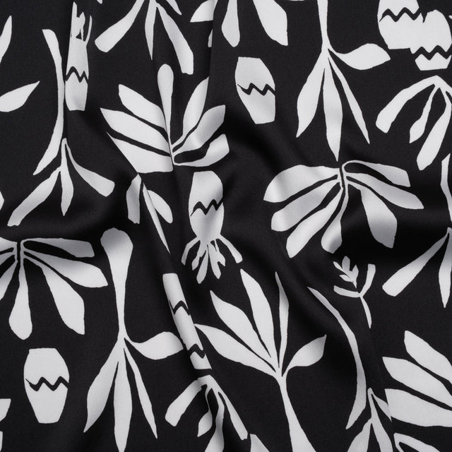 Polyester Satin Print - Black and White Carved Florals - Designer Deadstock