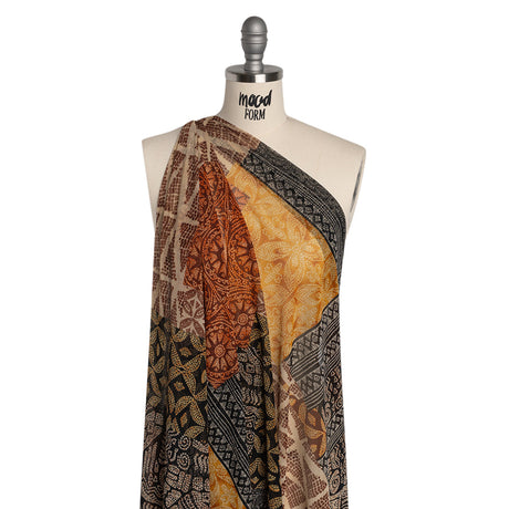 Polyester Stretch Mesh Print - Black, Orange and Burgundy Dotted Geometric - Designer Deadstock