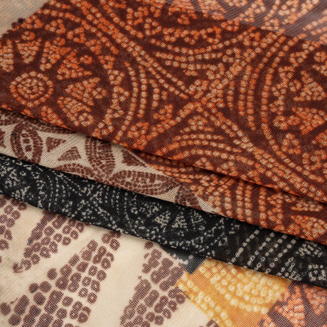 Polyester Stretch Mesh Print - Black, Orange and Burgundy Dotted Geometric - Designer Deadstock