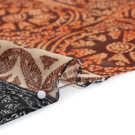 Polyester Stretch Mesh Print - Black, Orange and Burgundy Dotted Geometric - Designer Deadstock