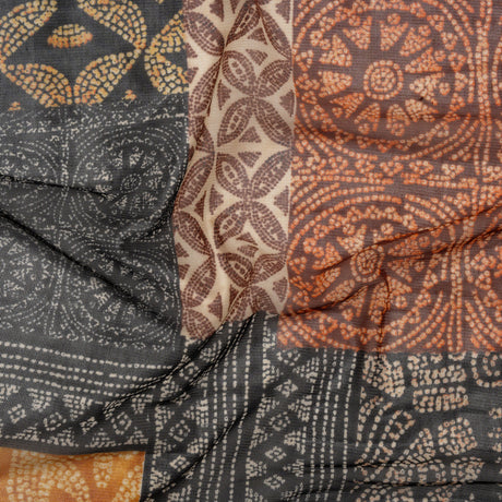 Polyester Stretch Mesh Print - Black, Orange and Burgundy Dotted Geometric - Designer Deadstock