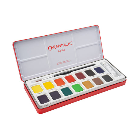 Caran d'Ache Gouache Studio Pan Set - 14 Pans with White Tube - Includes Brush