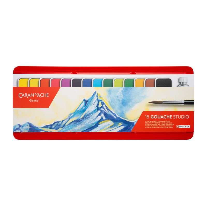 Caran d'Ache Gouache Studio Pan Set - 14 Pans with White Tube - Includes Brush