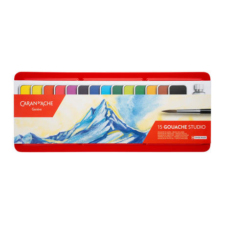 Caran d'Ache Gouache Studio Pan Set - 14 Pans with White Tube - Includes Brush