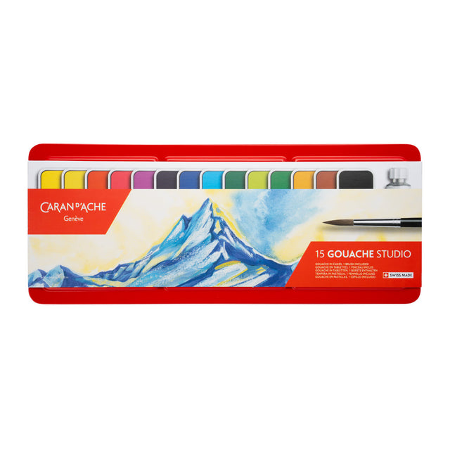 Caran d'Ache Gouache Studio Pan Set - 14 Pans with White Tube - Includes Brush