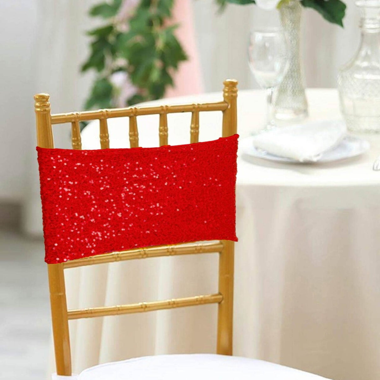 10 Pieces Sparkling Red Sequin Stretch Spandex Chair Bands 7 x 13 Inches