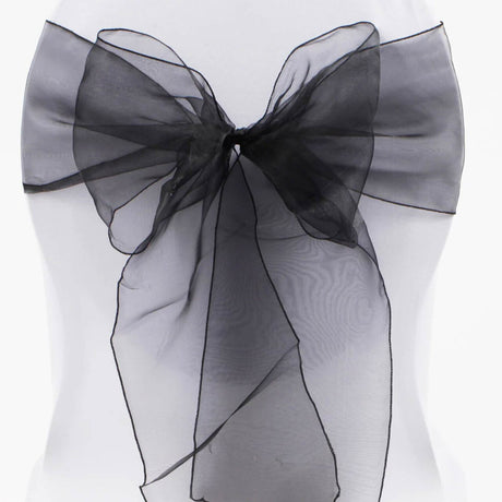 10 Pieces Black Luxury Organza Chair Strips, Angled Ends, 12"x116" Decorative Bands