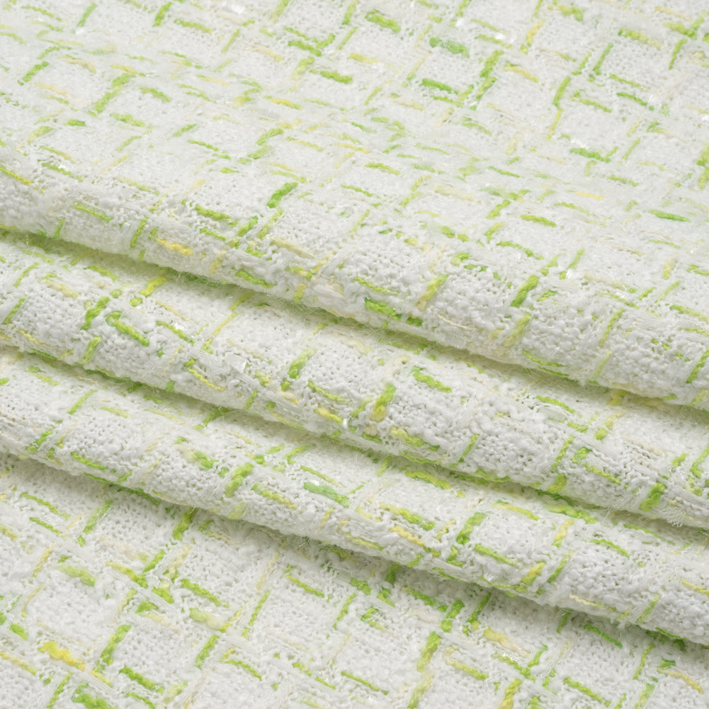 Tweedy Polyester Boucle - White and Lime Green Plaid - Deadstock
