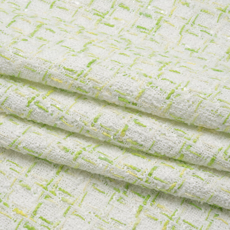 Tweedy Polyester Boucle - White and Lime Green Plaid - Deadstock