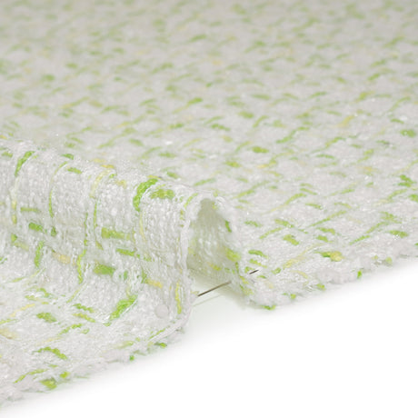Tweedy Polyester Boucle - White and Lime Green Plaid - Deadstock
