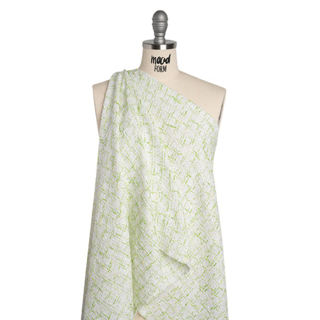 Tweedy Polyester Boucle - White and Lime Green Plaid - Deadstock