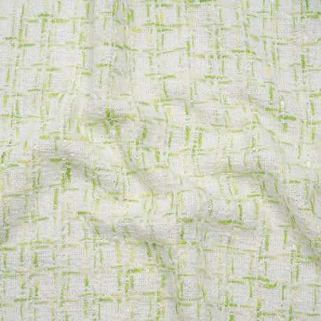 Tweedy Polyester Boucle - White and Lime Green Plaid - Deadstock